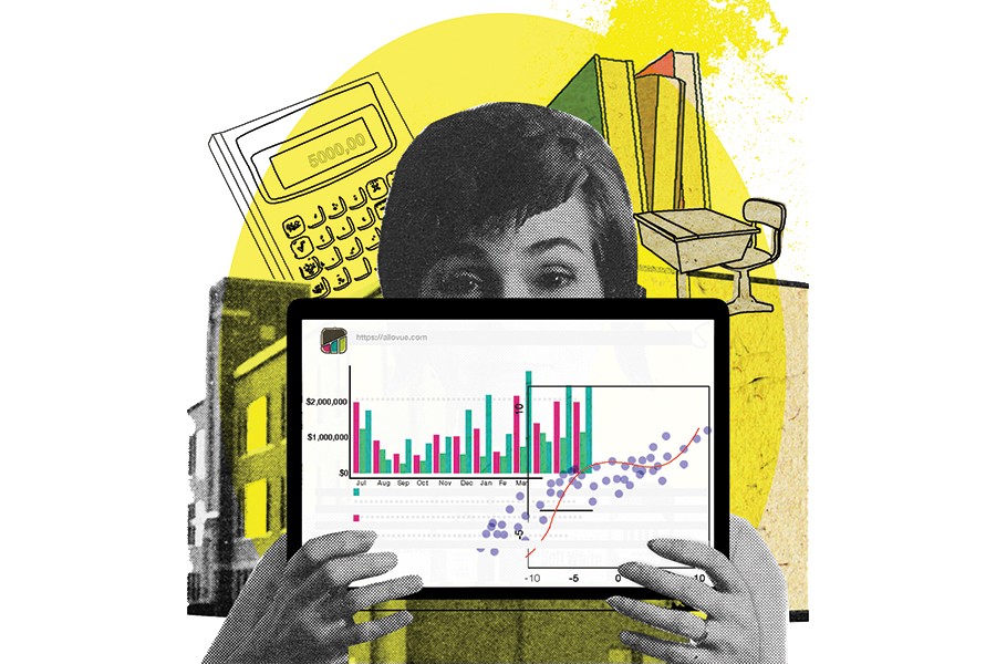 Collage of a woman holding a tablet with data displayed
