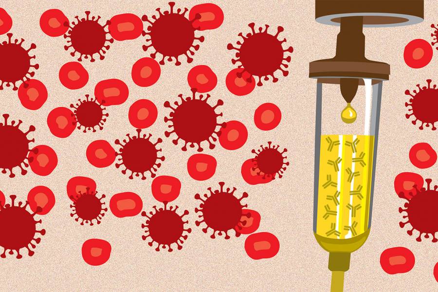 Illustration of coronavirus, blood cells, and plasma