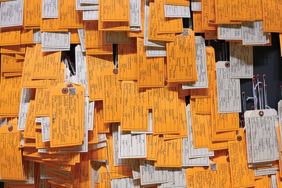 Closeup of the thousands of toe tags that make up the Hostile Terrain exhibit