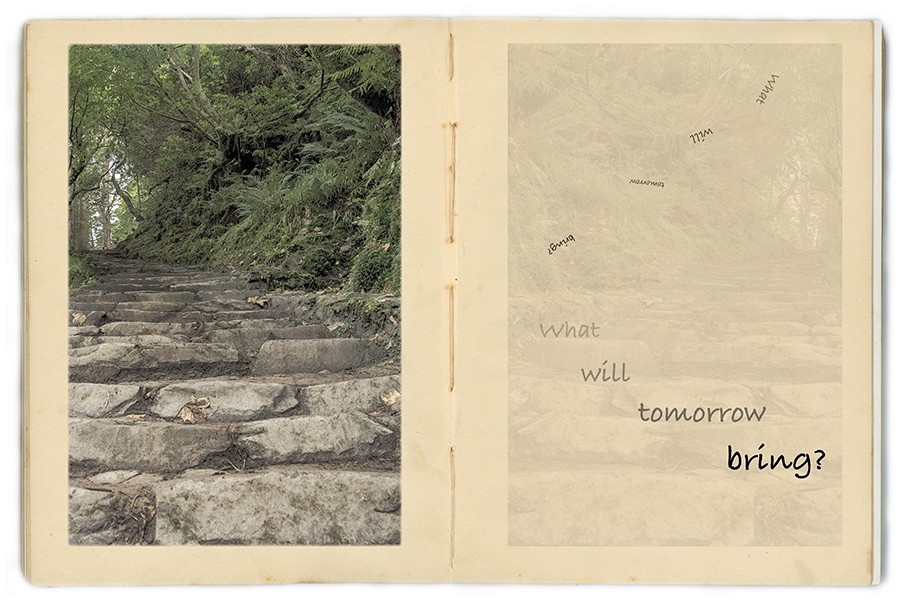 A two-page spread features photos of stone steps on the left and the text 