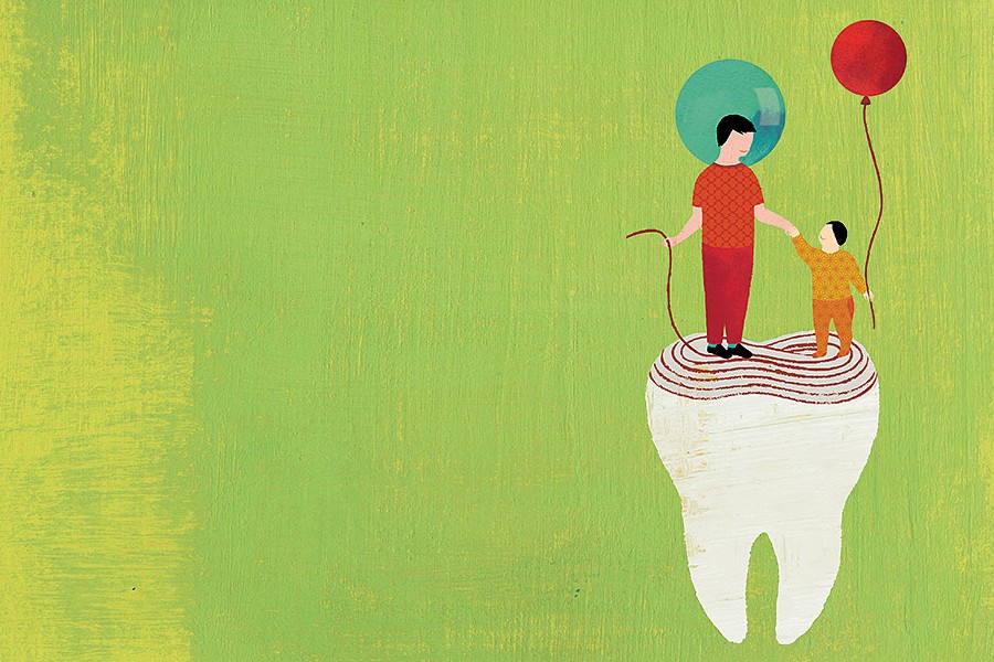 Illustration depicts a child holding hands with a toddler while they stand on top of a tooth with rings like a tree