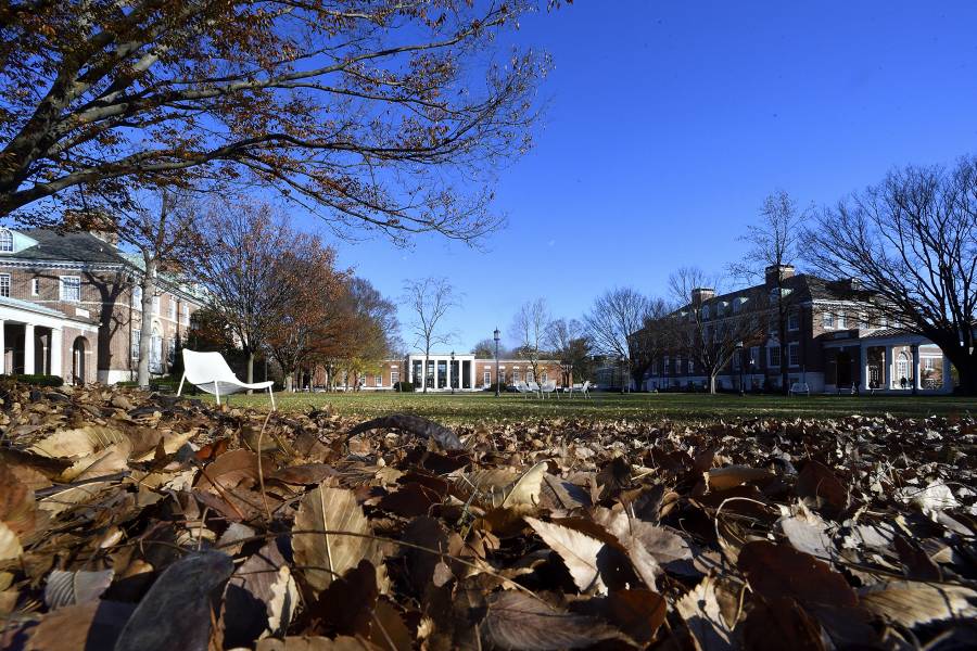 Keyser Quad with fall leaves in the foreground