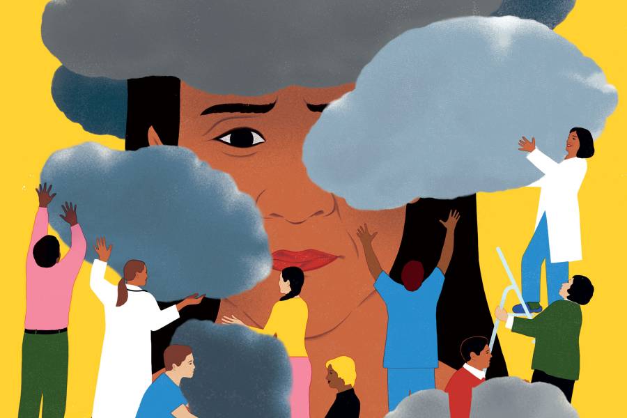 Conceptual illustration of a woman with clouds surrounding her face. Doctors and other people are holding up the clouds