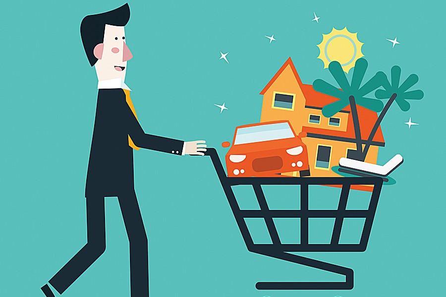 Illustration of a man pushing a shopping cart holding a car and house