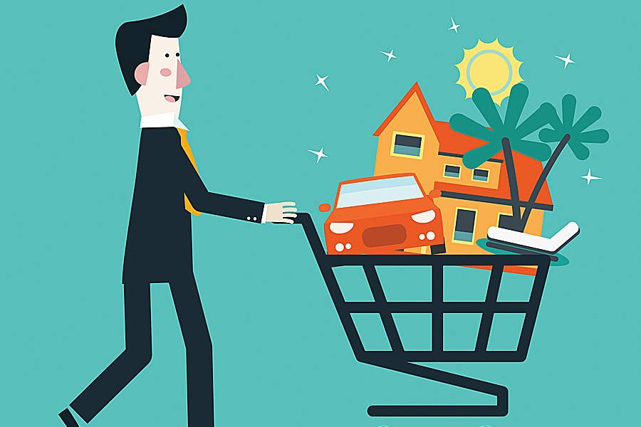 Illustration of man pushing shopping cart with house and car in it