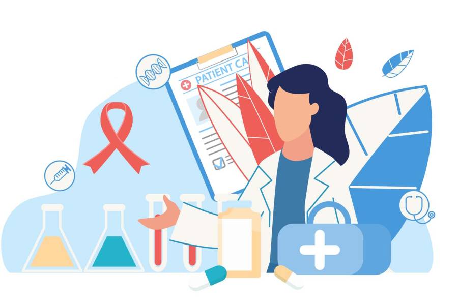 Medical poster with woman doctor in white coat and with health care Icons—patient card, bag with medications and tools for treatment, pills, flasks and test tubes.