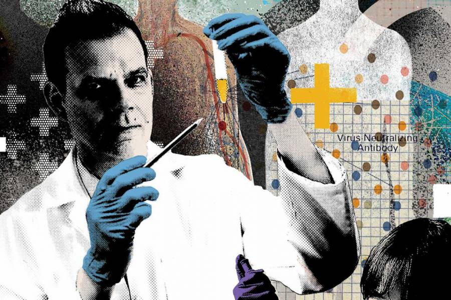 Collage of Arturo Casadevall holding a test tube