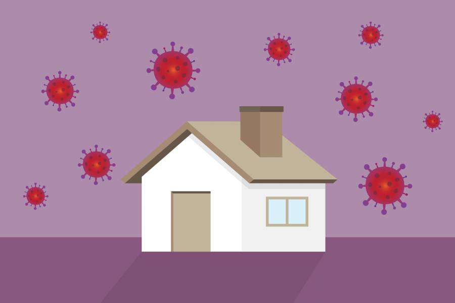 Illustration of house with coronavirus symbols in the sky