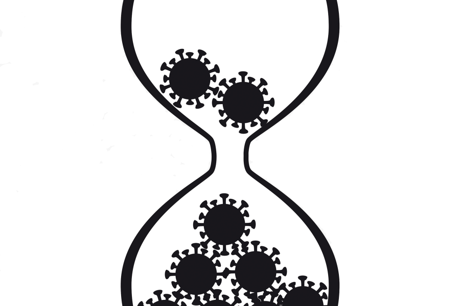 A black and white illustration showing COVID-19 viruses flowing down inside an hourglass