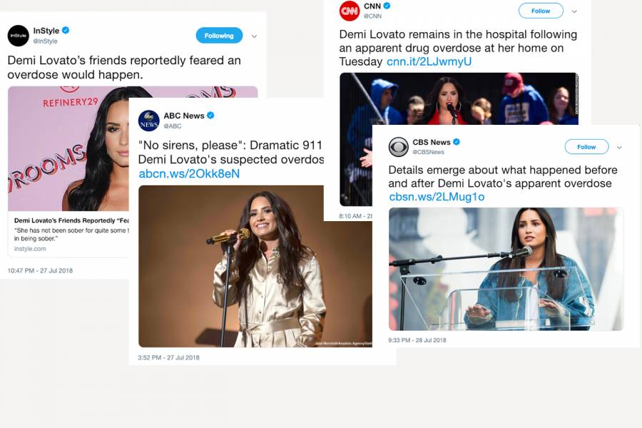 Multiple news tweets referencing Demi Lovato overdose