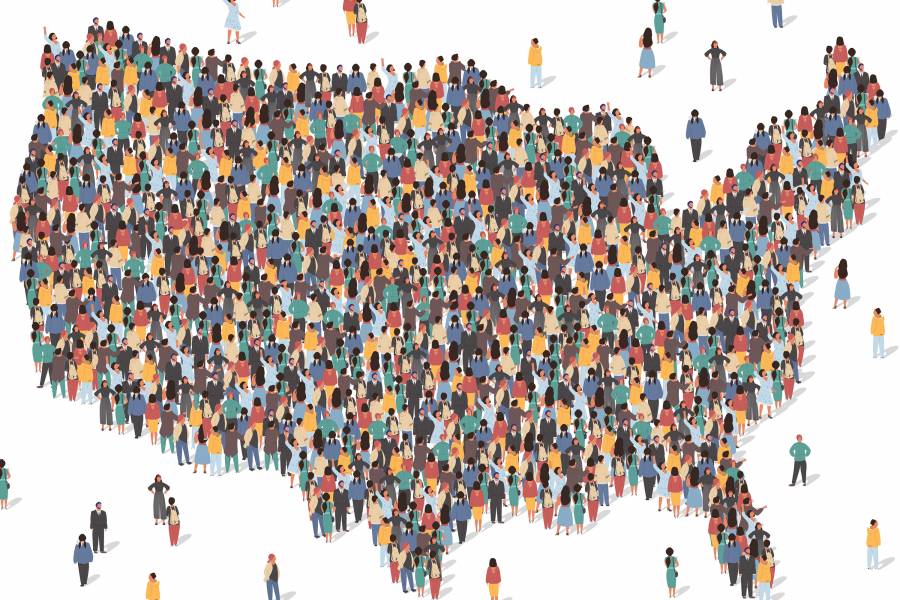Illustration of a crowd of people in the shape of the contiguous U.S.