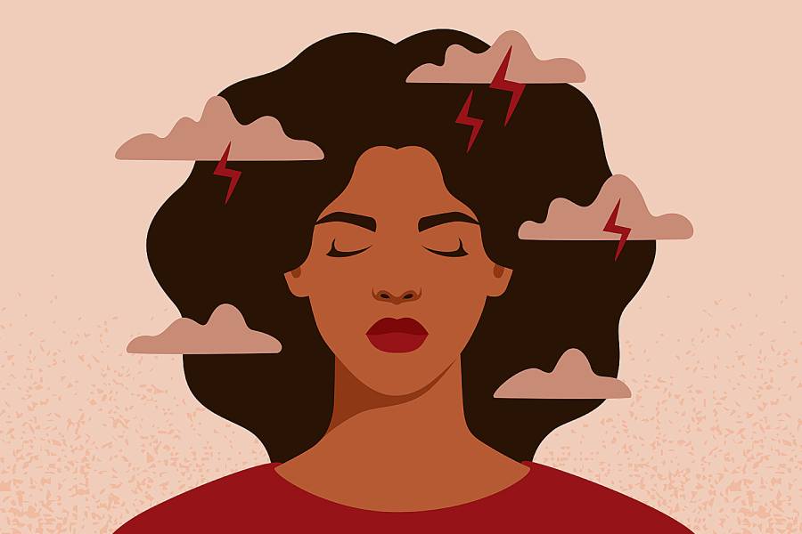 Illustration of sad-looking woman with clouds and lightning bolts hovering over her head