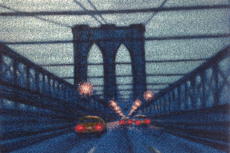 Painting of Brooklyn Bridge with streetlights, cars, and taillights at dusk