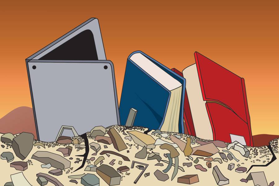 Illustration depicting cracked textbooks and a laptop on top of a ground covered in shrapnel