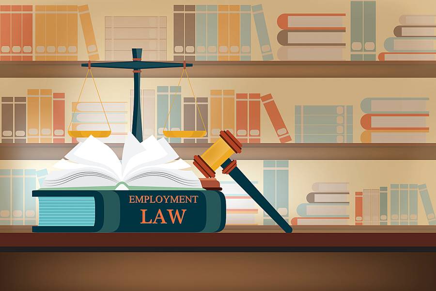 Illustration of law library with employment law book on table in the foreground