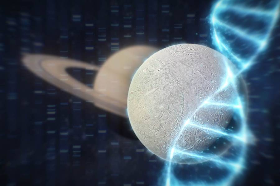 Enceladus moon with DNA sequence and double helix