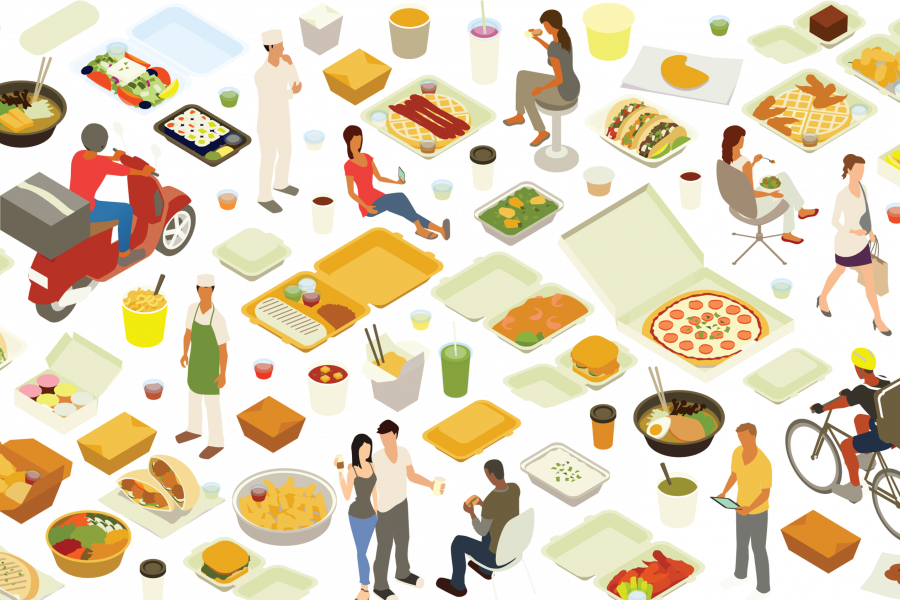 Illustration of aspects of the food system such as carryout boxes and food delivery workers