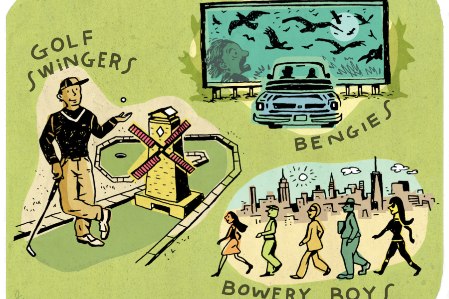 An illustration on a green background depicting mini golf, drive-in movies, and a walking tour.