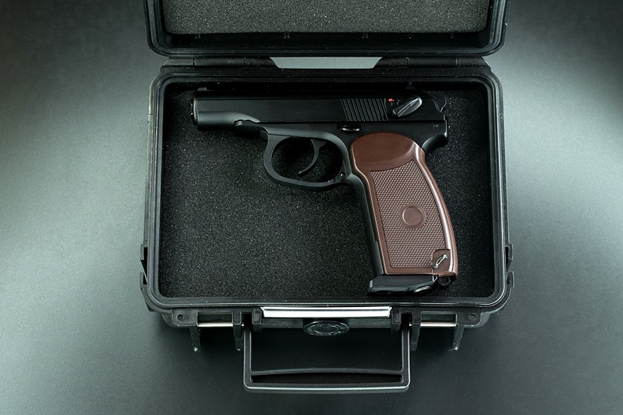 A handgun in a security case