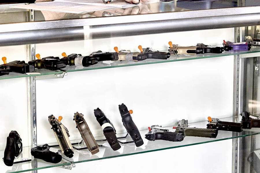 Handguns in a display case