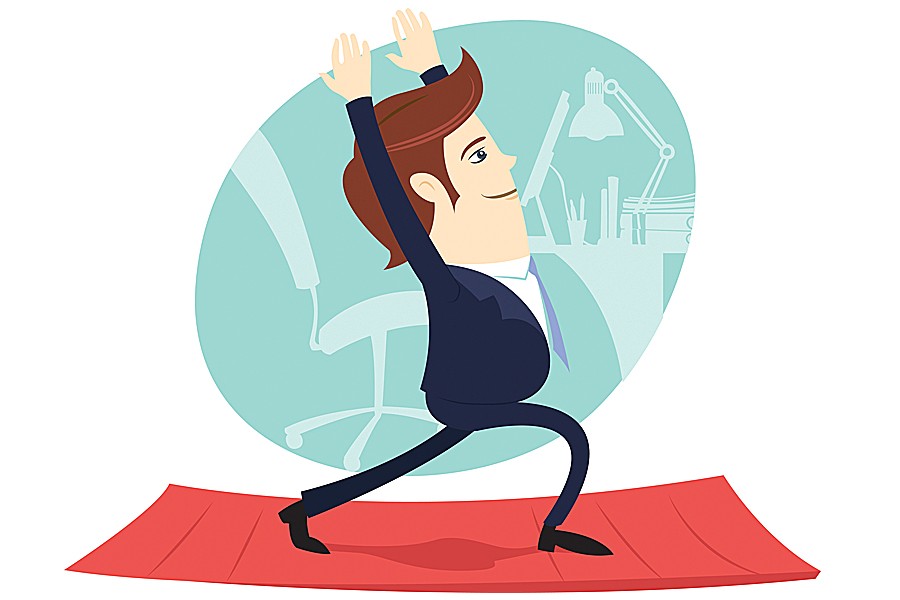 Humorous illustration of man in business attire doing exercises in an office