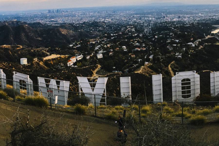 Photograph of the Hollywood sign from behind