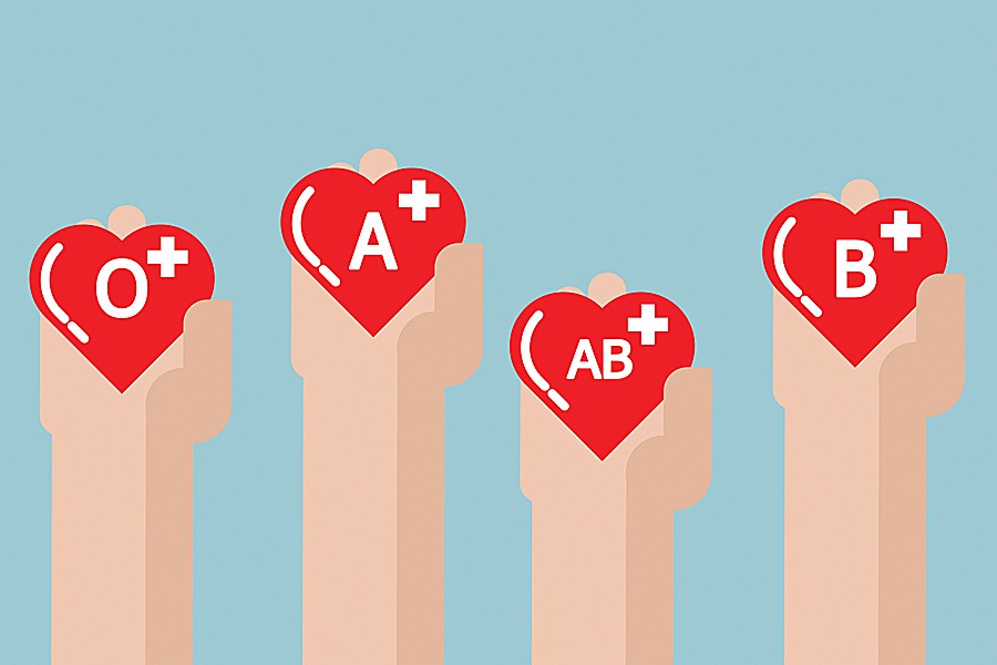 Illustration of four hands holding signs designating various blood types