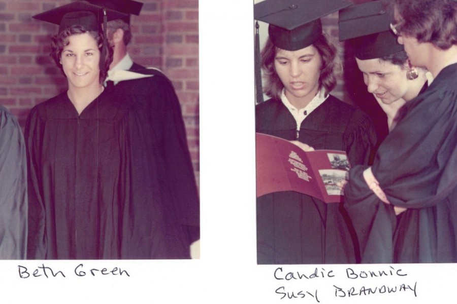 Two photos of women in commencement regalia