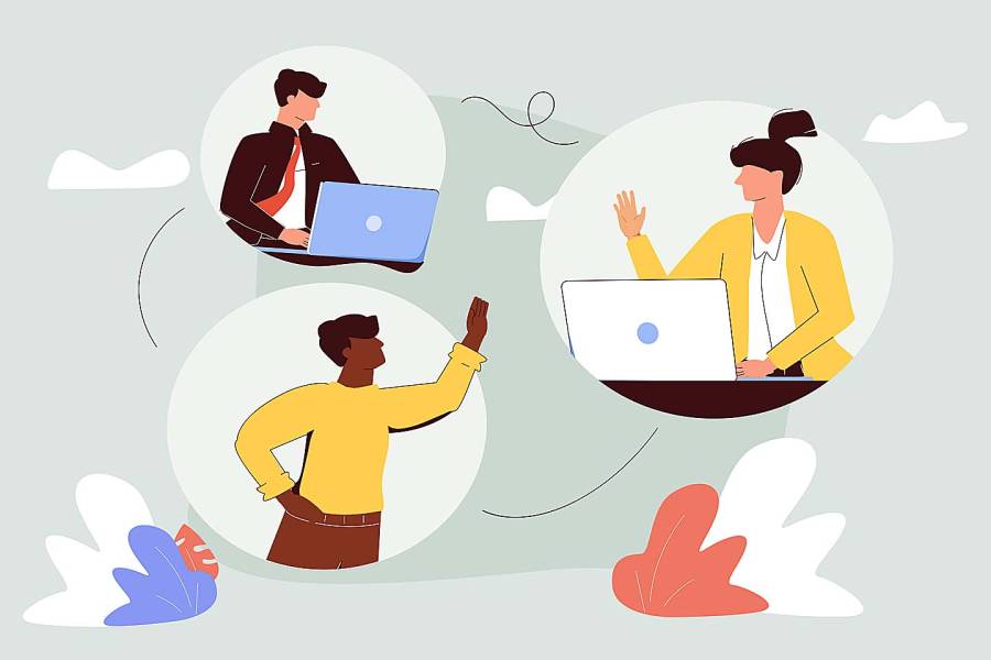 Conceptual illustration shows colleagues working in a hybrid environment. Two team members are working on laptops and the third is waving at them from a distance.