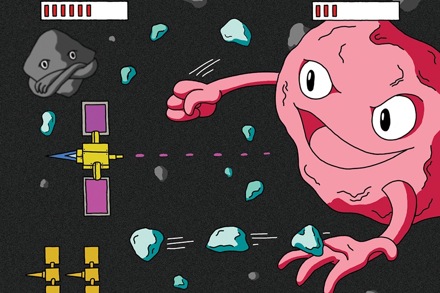 Cartoon illustration depicts a pink lumpy asteroid with its fist clenched, being fired at by a dual-winged spacecraft