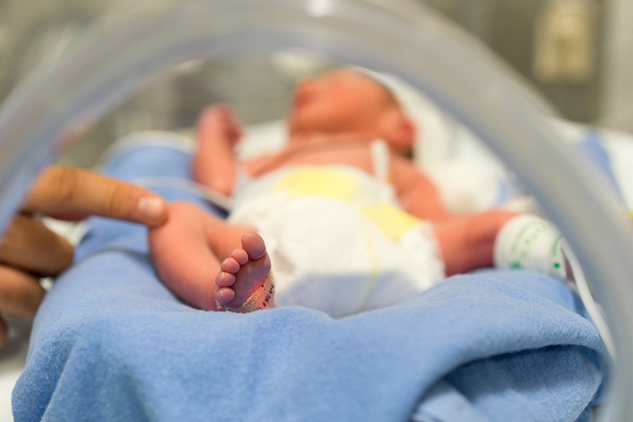 A premature infant lies in an incubator; focus is on his feet and toes
