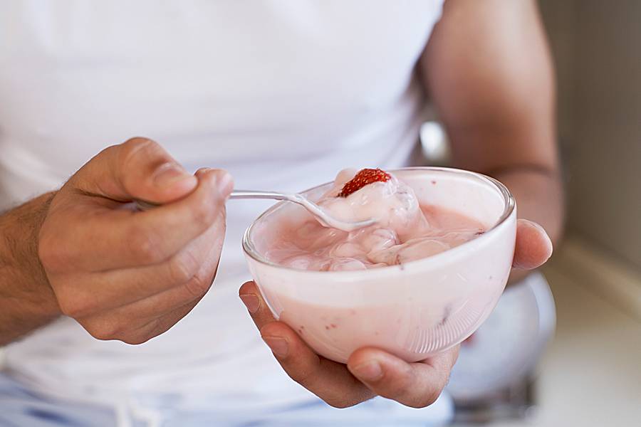 Closeup of a bowl of fruity yogurt