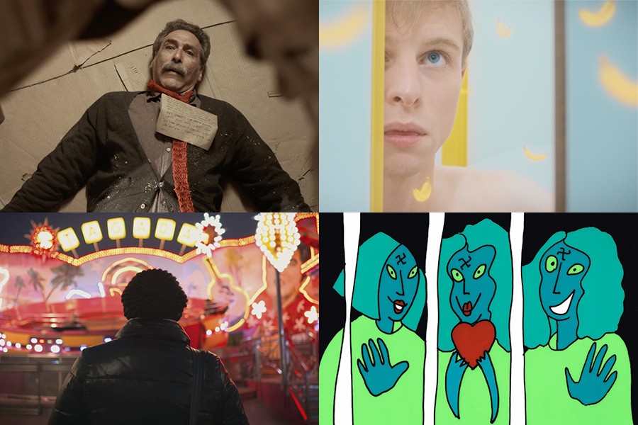 Stills from the short films (clockwise from top left) _Ernie_, _Apollon_, _Panic Attack!_, and _Gleichgewicht (Keeping Balance)_