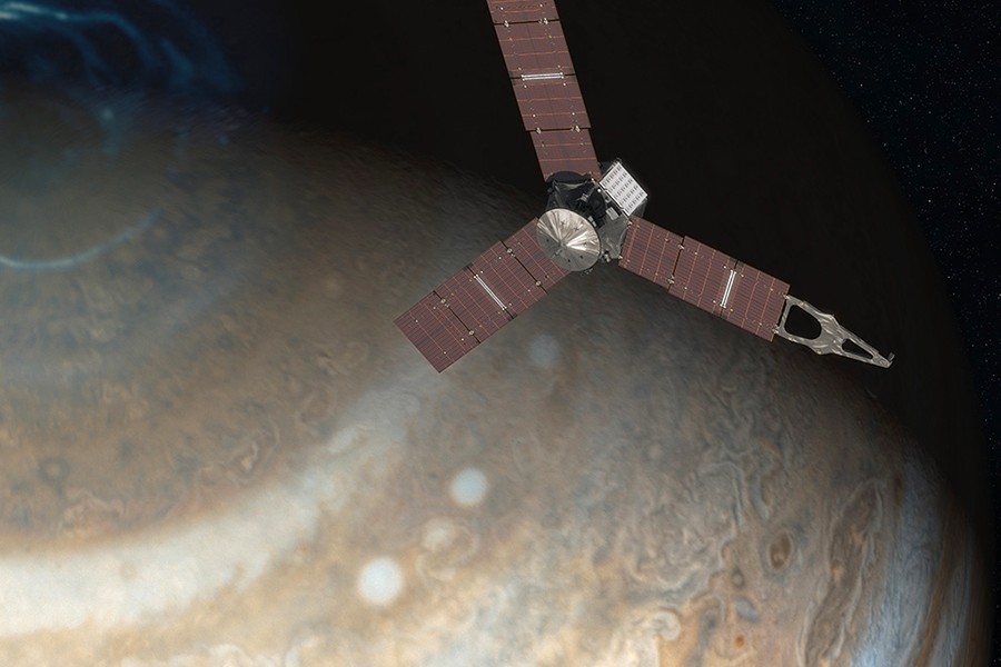 Artist's depiction of Juno spacecraft approaching Jupiter
