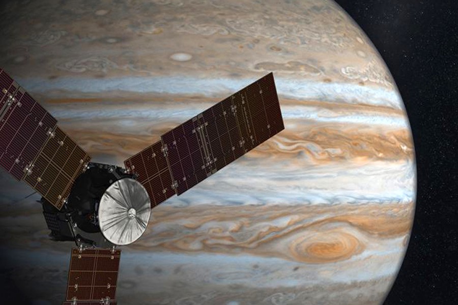 Artist's depiction of Juno spacecraft orbiting Jupiter