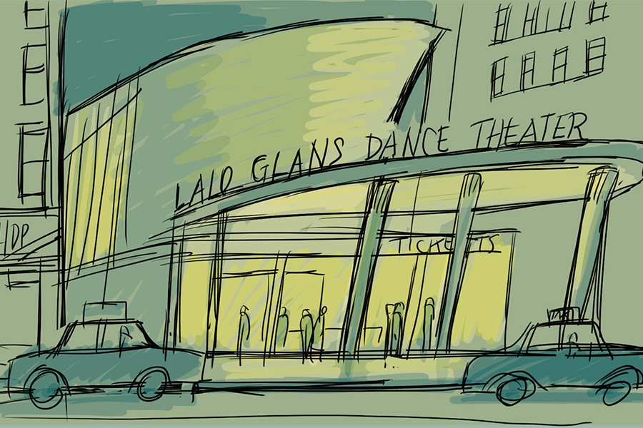 Black and white illustration of a dance theater