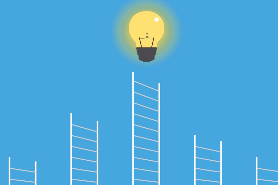 Illustration: White ladders against a blue background lead to a light bulb