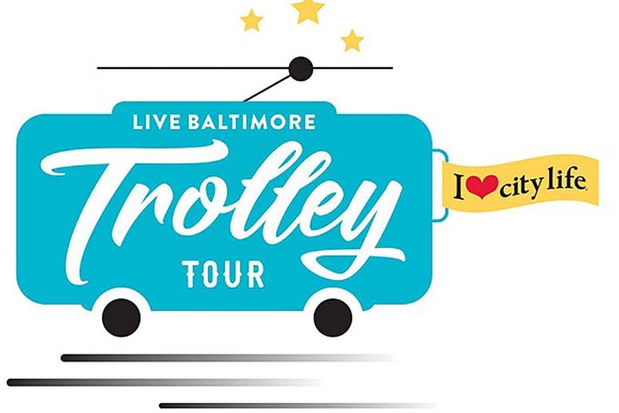 Illustration of a trolley with the words Live Baltimore Trolley Tour written on it