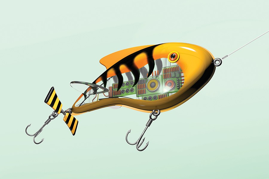 An illustration of a plastic fishing lure with a computer chip resting inside and two fish hooks trailing behind