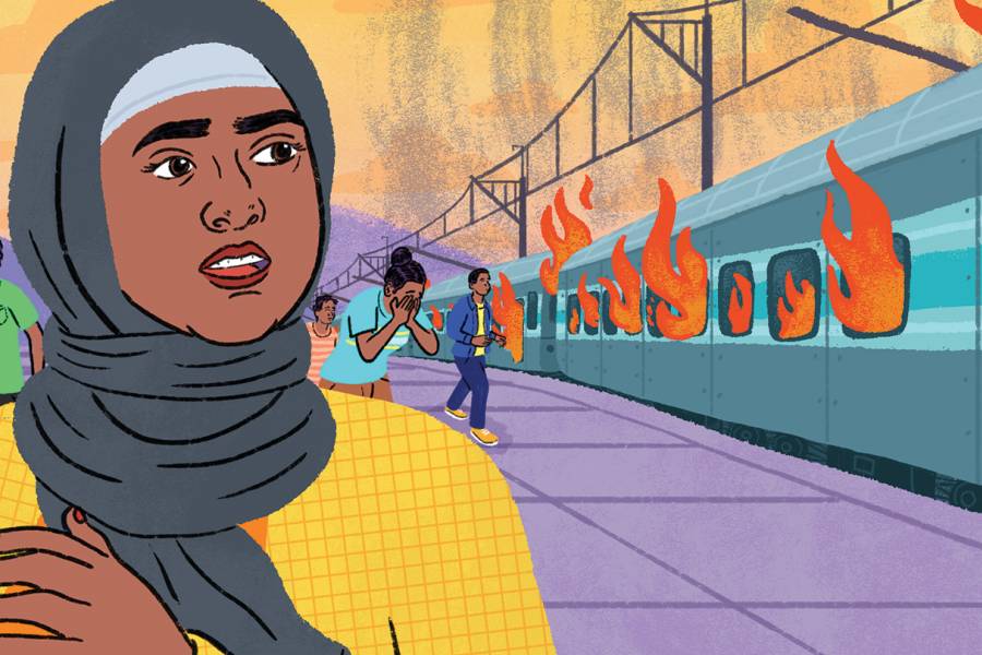 Illustration of a Muslim woman looking at a burning train