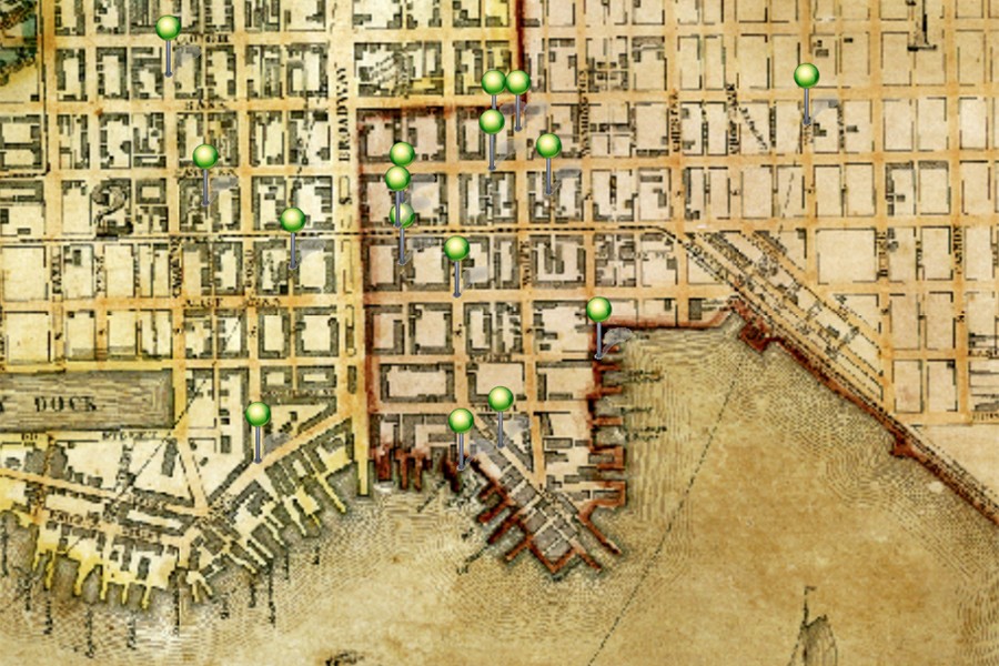 Old fashioned map shows numerous lime green pins
