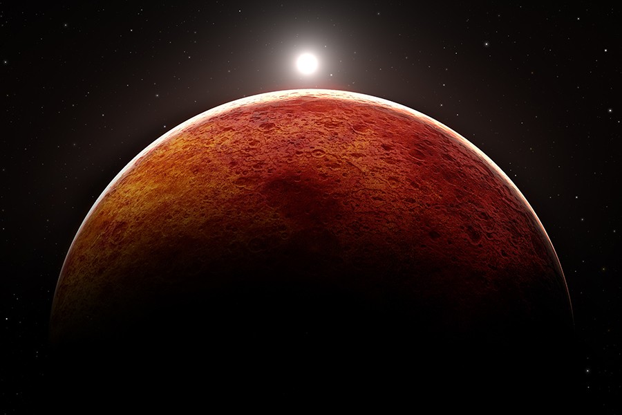 Artist's rendition of Mars shows the planet in silhouette against a tiny sun