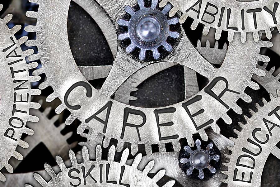 Meshing gears marked with the words career, ability, skill, education, and potential