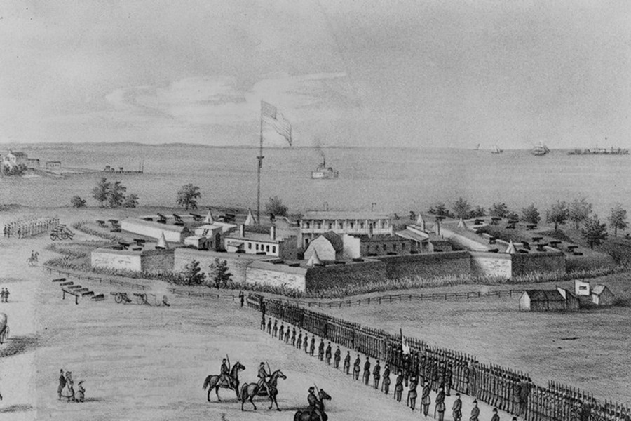 Black and white lithograph drawing depicts Fort McHenry National Monument and Historic Shrine