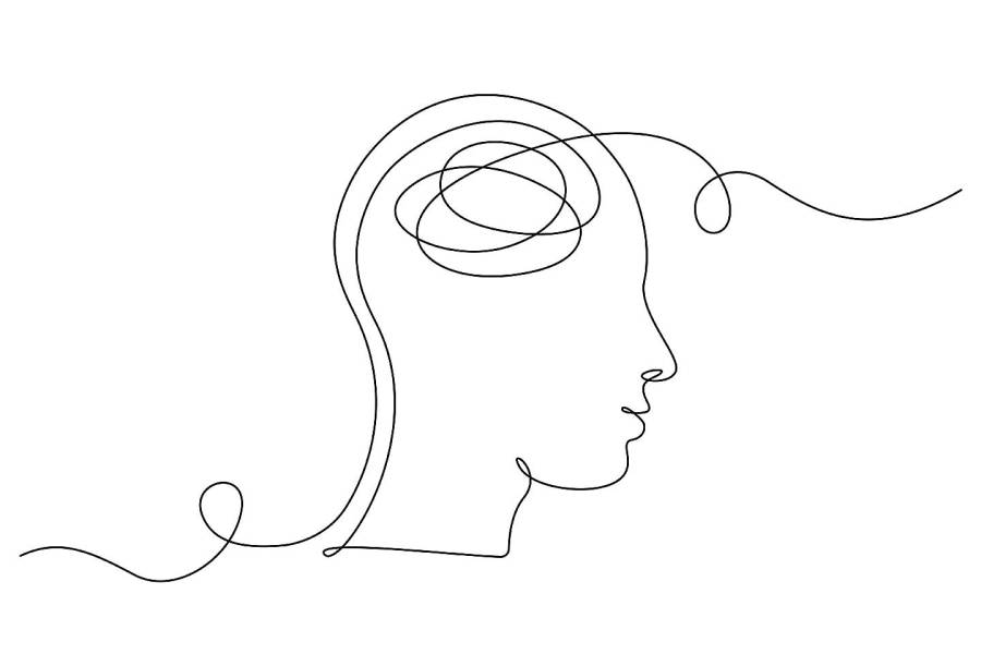 Line drawing of a brain being unraveled