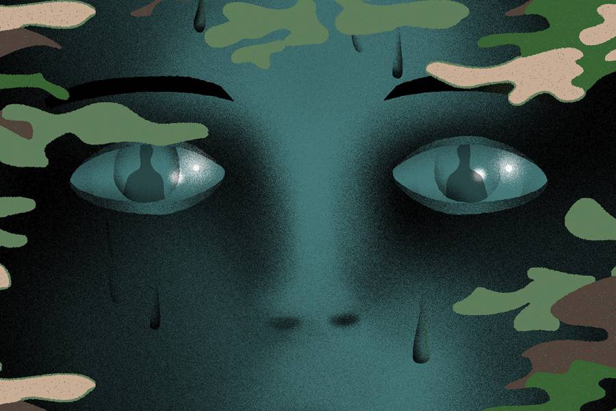 Illustration of a face hidden behind camouflage