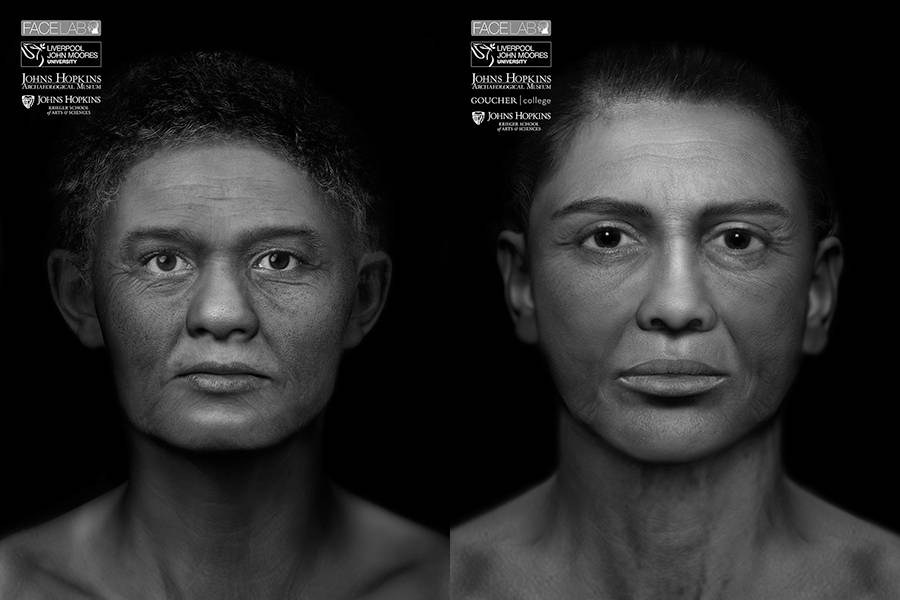 Restored mummy faces with darkened hairlines