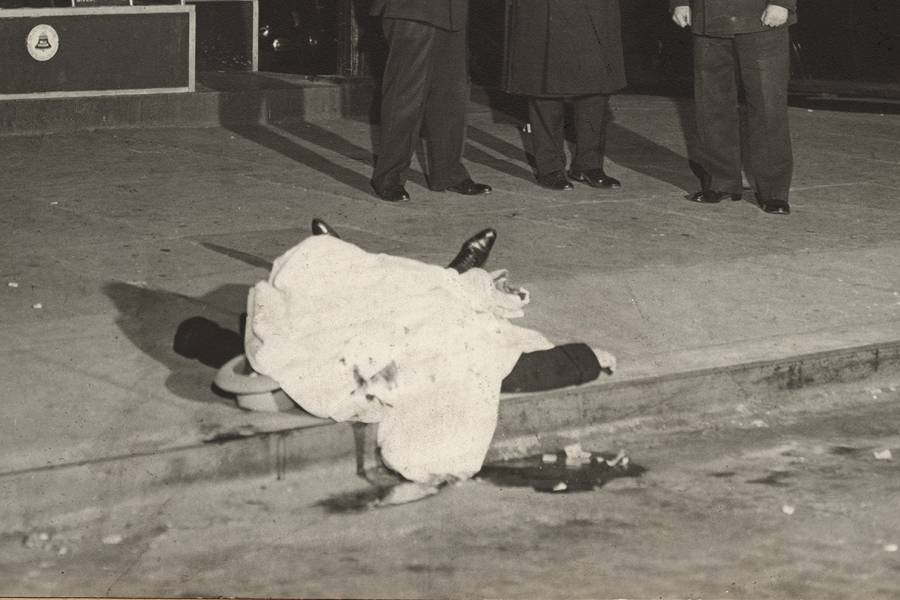 Detail of photo of dead body outside a diner