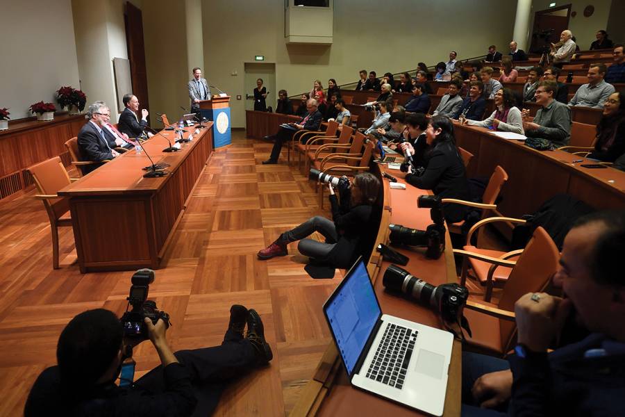 Nobel laureates speak at a press conference in Stockholm