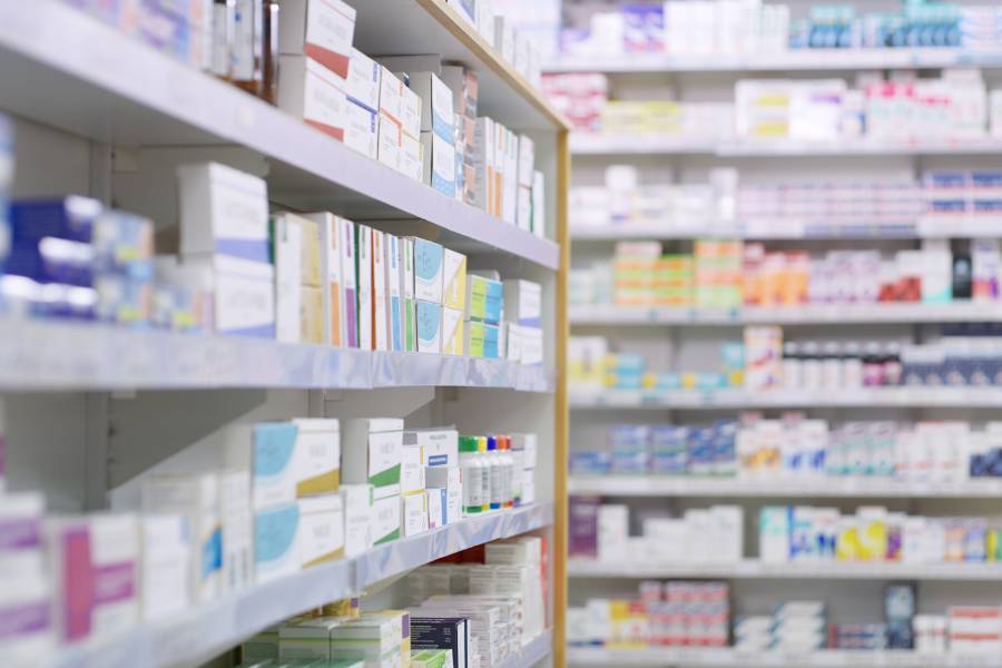 Pharmaceuticals on a shelf in a pharmacy